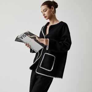 Embroidered Trim Double Pockets Coat